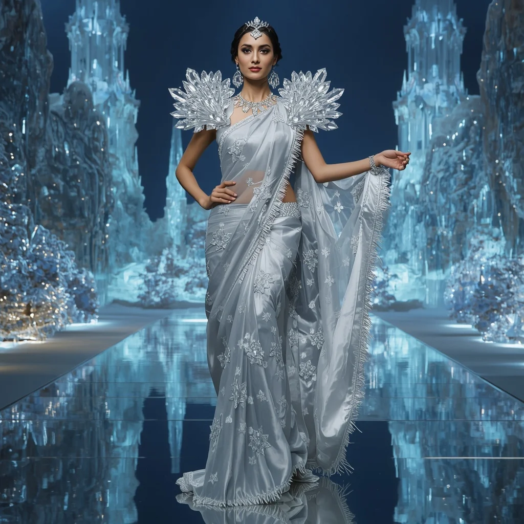 Crystal Glacier Garden Palace Saree with Frozen Reflection Empire | Makeup Ai Prompt