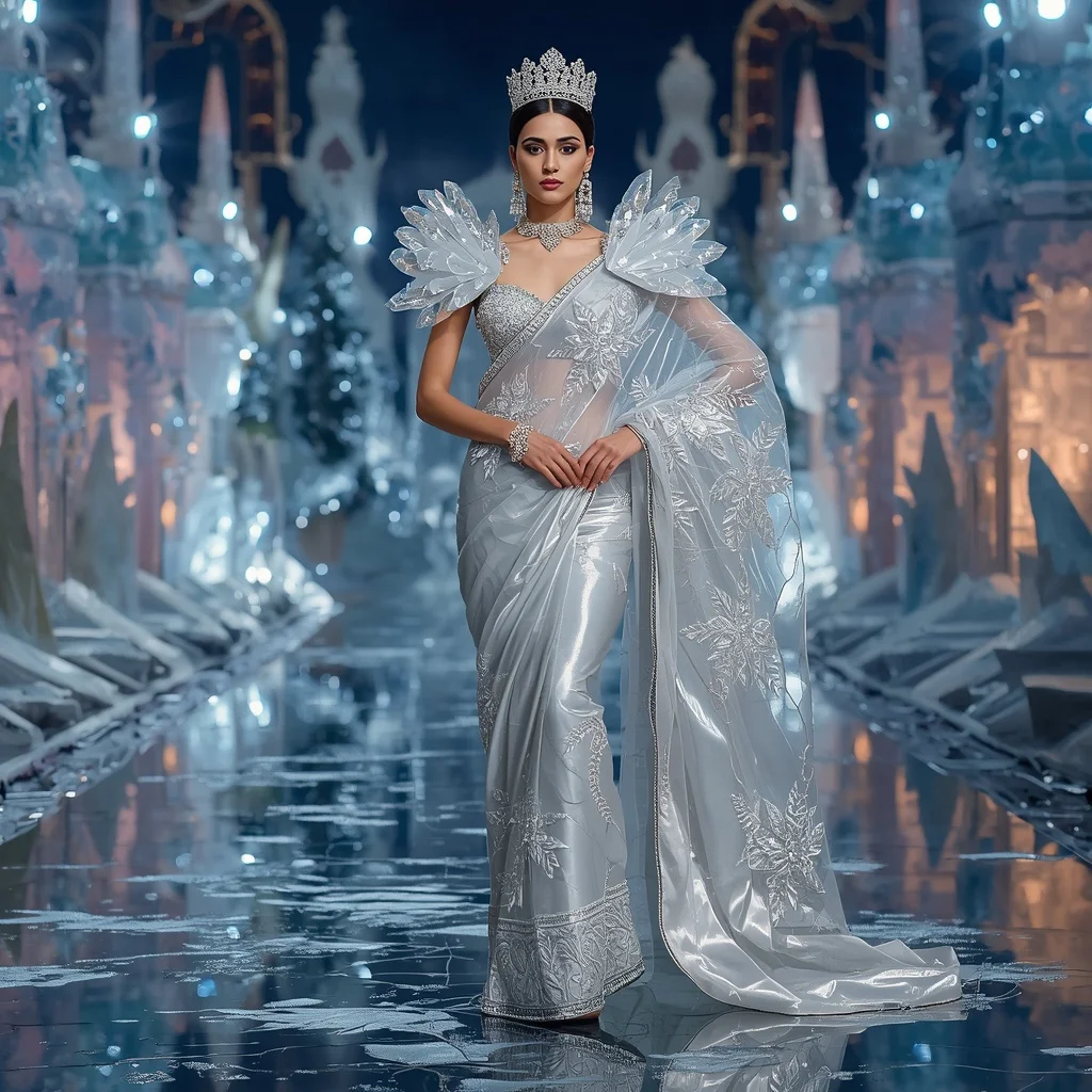 Crystal Glacier Garden Palace Saree with Frozen Reflection Empire | Instagram Highlight Cover Ai Prompt