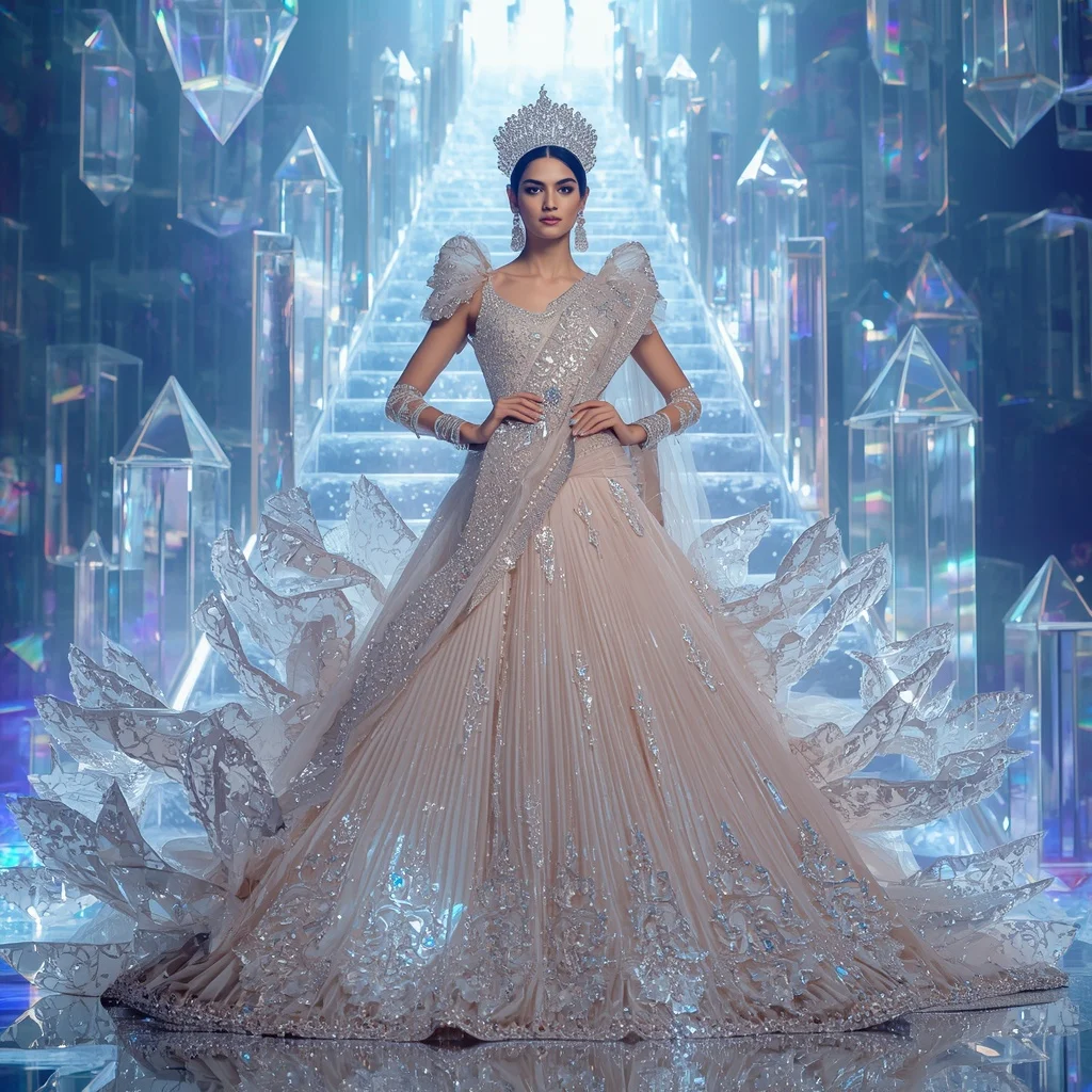 Crystal Glass Castle Saree with Floating Prism Stairway Kingdom | Attitude Girl Prompt