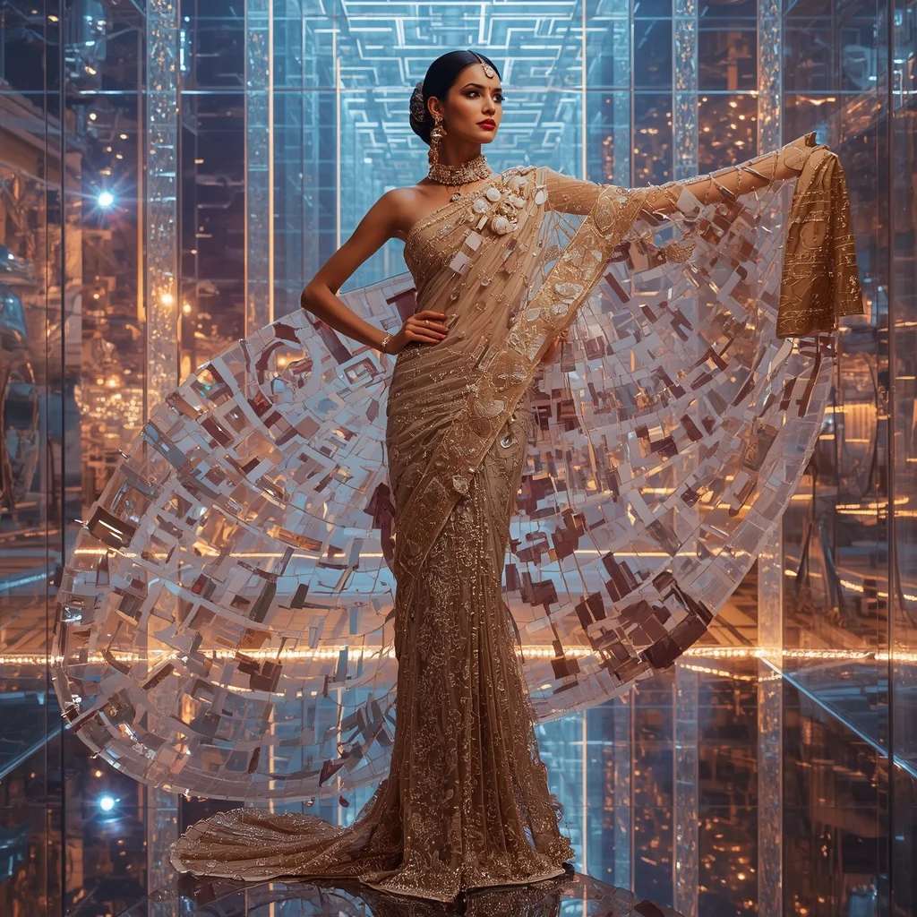Crystal Glass Labyrinth Saree with Floating Reflection Maze Universe | Profile Picture Ai Prompt