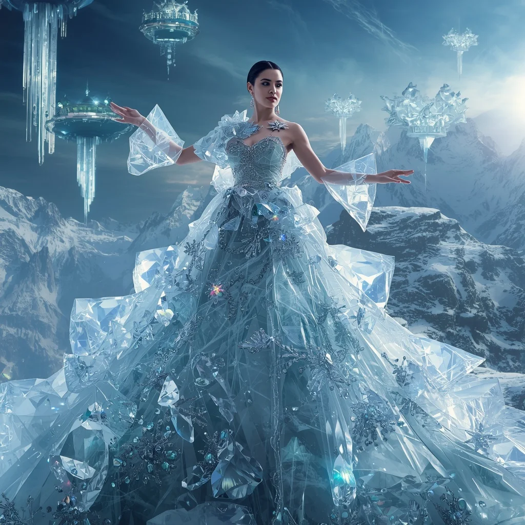 Crystal Glass Mountain Saree with Floating Alpine Sky Empire | Korean Ai Prompt