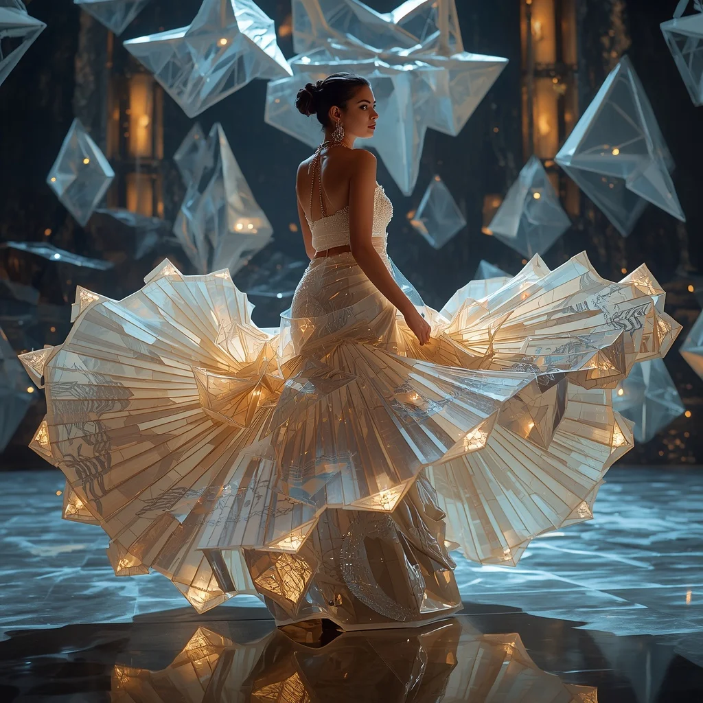 Crystal Glass Origami Wave Saree with Floating Paper Ocean Realm | Sora Ai Prompt