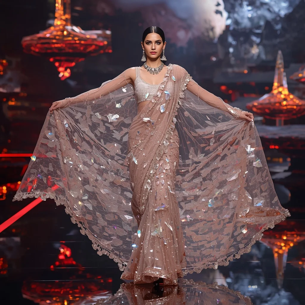 Crystal Glass Volcano Saree with Floating Prism Lava Kingdom | Trending Prompt Girls ChatGPT