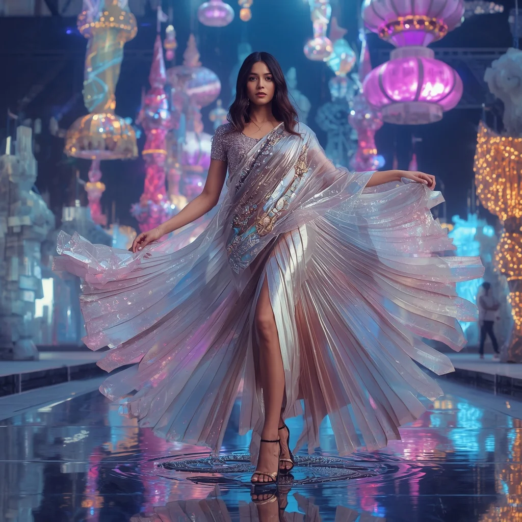 Crystal Graffiti Palace Saree with Floating Neon Art District | Woman Pose Ai Prompt