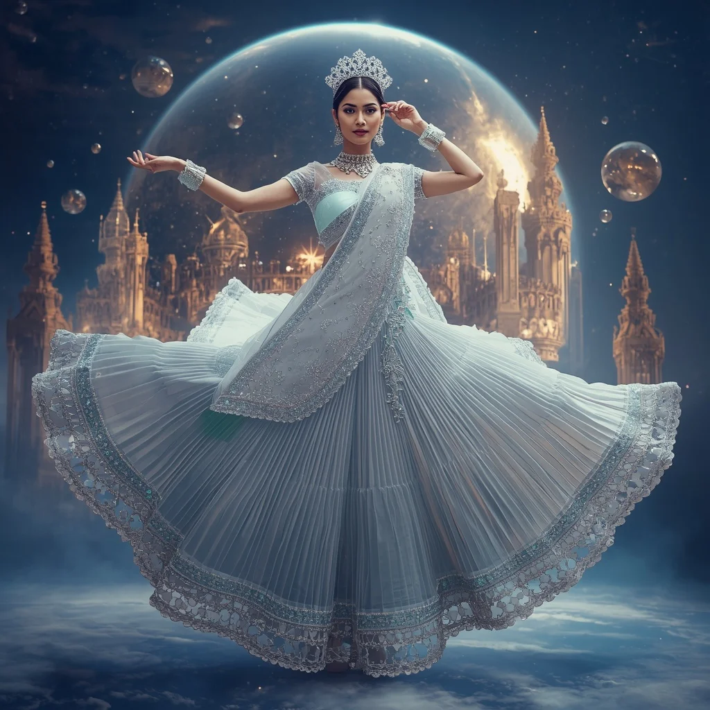 Crystal Gravity Crown Saree with Floating Anti-Gravity Royal Sphere | Instagram Girl Gemini Prompt