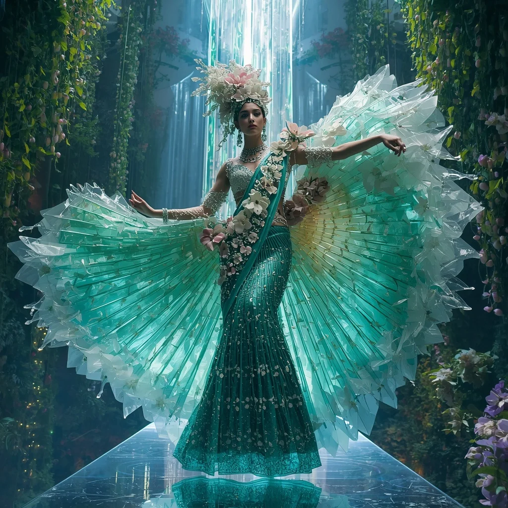 Crystal Hanging Garden Saree with Floating Vertical Bloom Megacity | Prompt For Girls In Saree Online