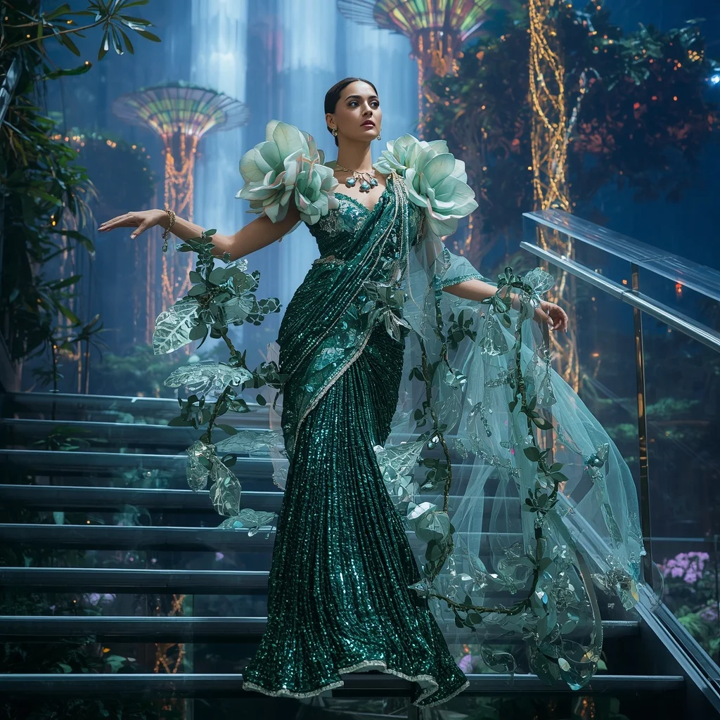 Crystal Hanging Garden Saree with Floating Vertical Paradise Kingdom | Korean Ai Prompt