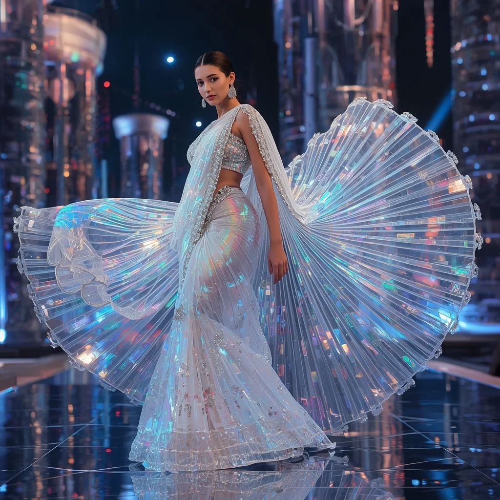 Crystal Hologram Wave Saree with Floating Digital Festival Metropolis | Instagram Aesthetic Ai Prompt
