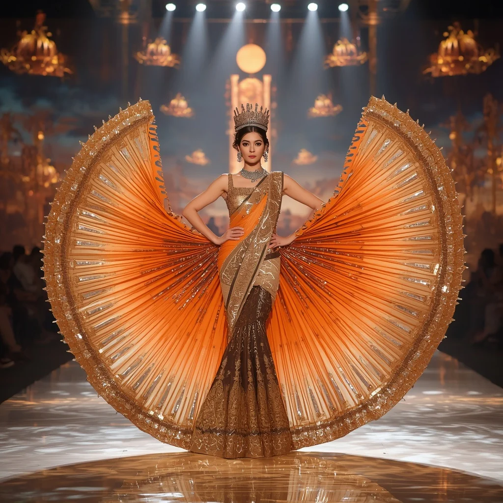Crystal Horizon Crown Saree with Floating Sunset Festival Megakingdom | Indian Girl Ai Prompt