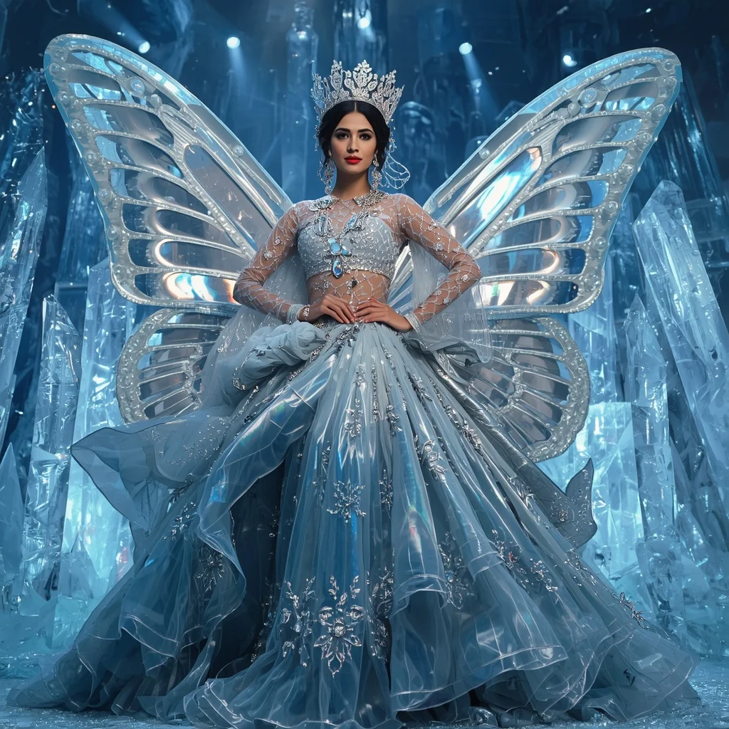 Crystal Ice Butterfly Diamond Palace Saree with Frozen Fantasy Empire | Woman Pose Ai Prompt