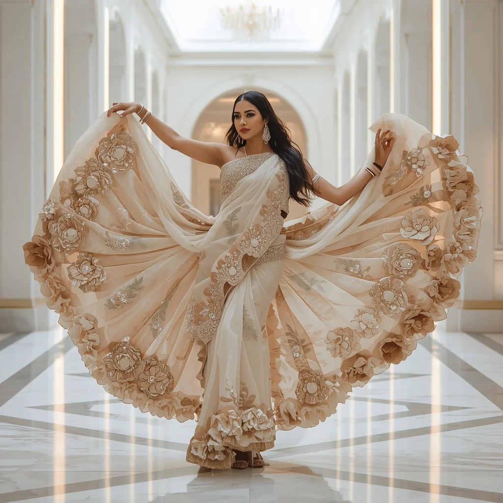 Crystal Infinity Bloom Saree with Luxury White Atrium | 3d Animation Ai Prompt