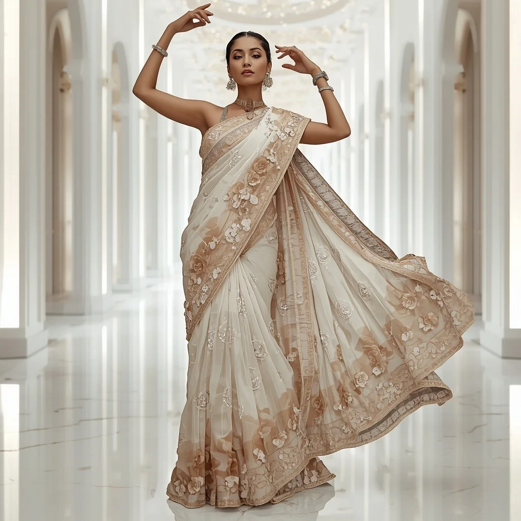 Crystal Infinity Camellia Saree with Luxury White Atrium | ChatGPT Photo Editing Prompts Trending Instagram For Girl