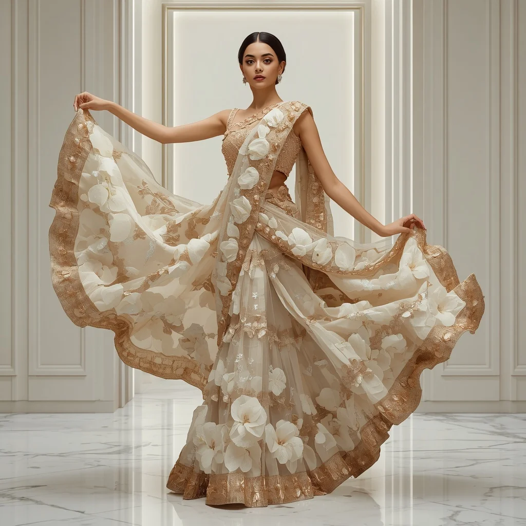 Crystal Infinity Peony Saree with Luxury White Gallery | Gemini Ai Prompt