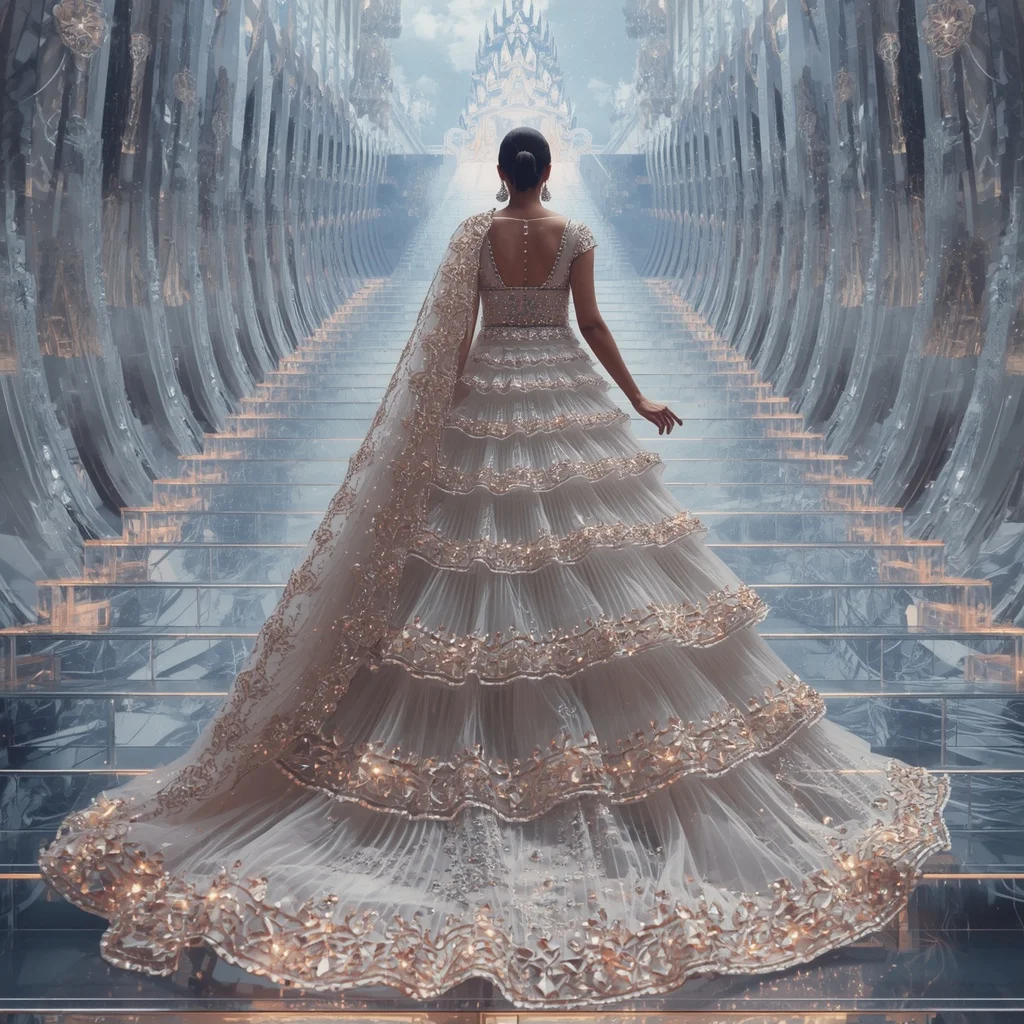Crystal Infinity Staircase Saree with Floating Sky Temple Universe | Free Ai Prompt