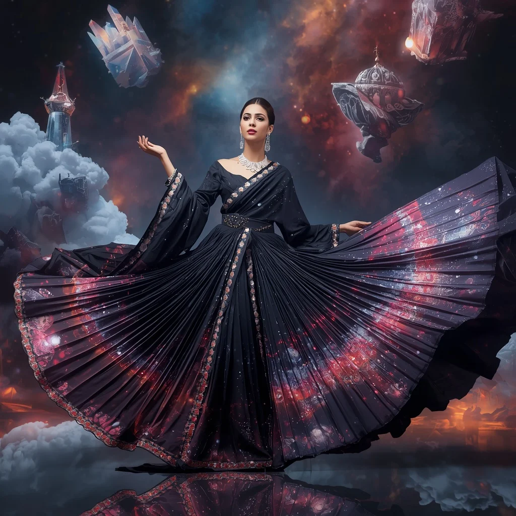 Crystal Ink Galaxy Saree with Floating Cosmic Painting Universe | Profile Picture Ai Prompt