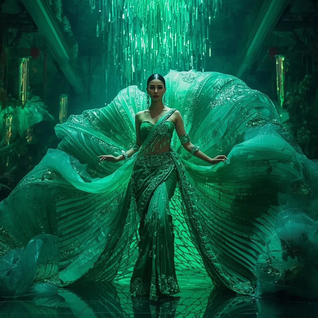 Crystal Jungle Waterfall Saree with Emerald Paradise Megacity | Chatgpt Prompt