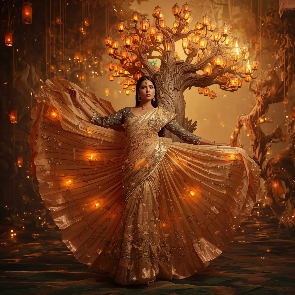 Crystal Lantern Tree Saree with Floating Festival Forest | Instagram Model Ai Prompt