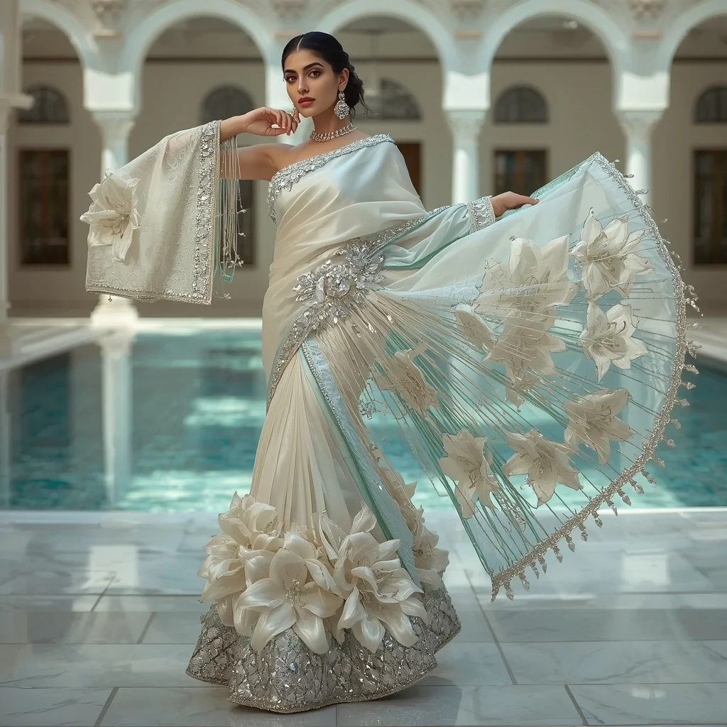 Crystal Lily Fountain Saree with Luxury Aqua Courtyard | Profile Picture Ai Prompt