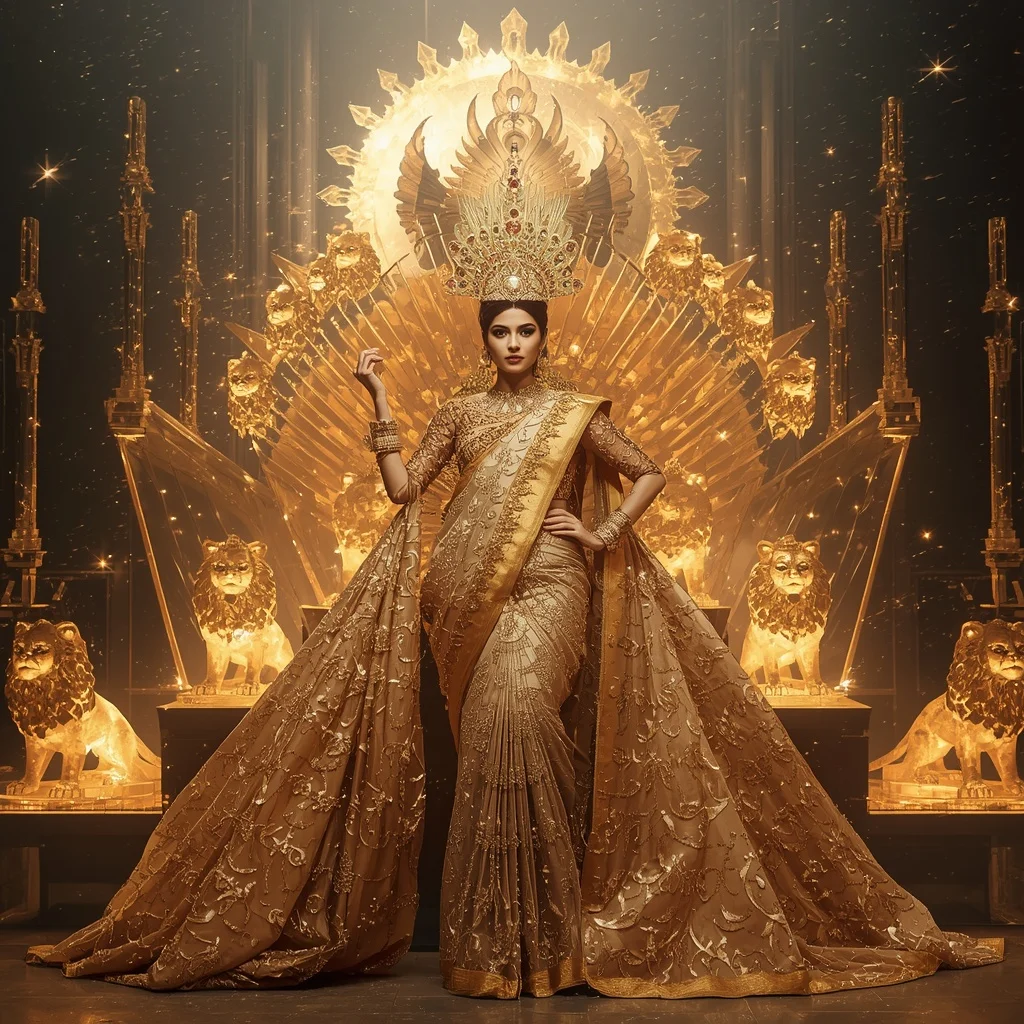 Crystal Lion Crown Saree with Golden Solar Throne Universe | Fashion Ai Prompt