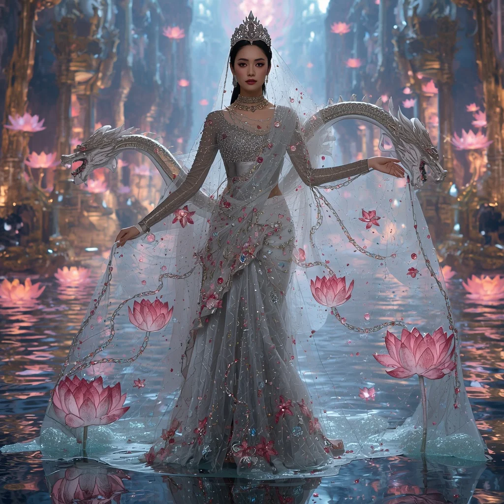 Crystal Lotus Dragon Saree with Floating Temple River Empire | Sora Ai Prompt