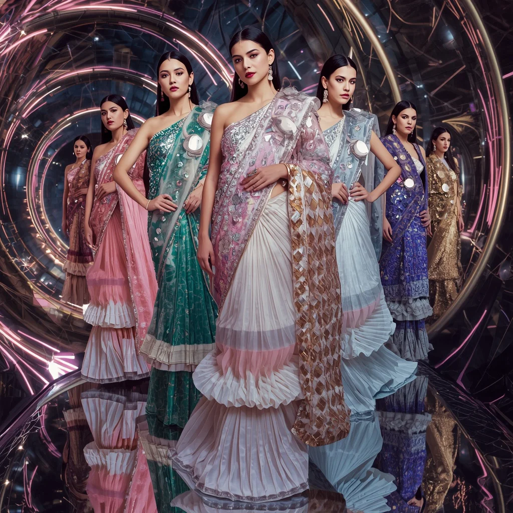 Crystal Lotus Infinity Empress Saree with Floating Editorial Poses and Aurora Mirror Megaverse | Character Design Ai Prompt