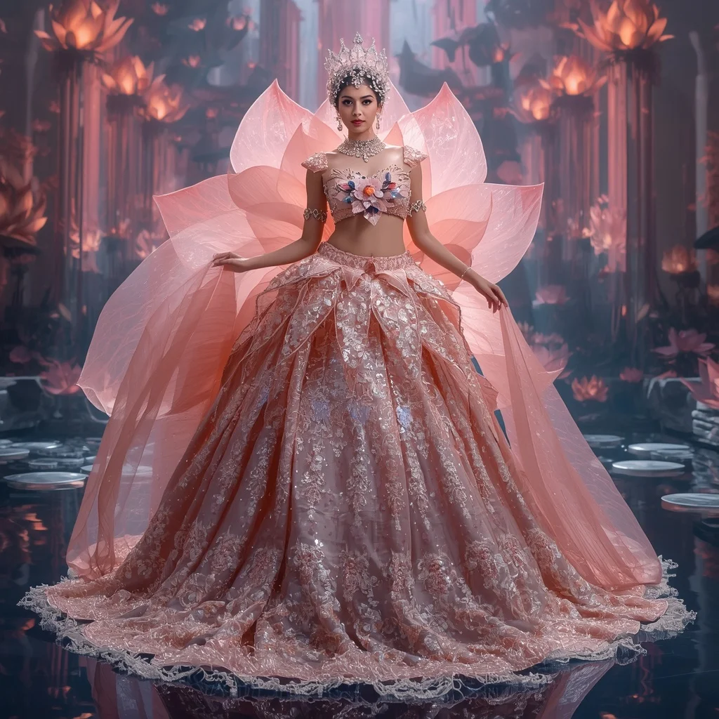 Crystal Lotus Kingdom Saree with Floating Water Palace Garden | New Instagram Trend Prompt For Girl Aesthetic