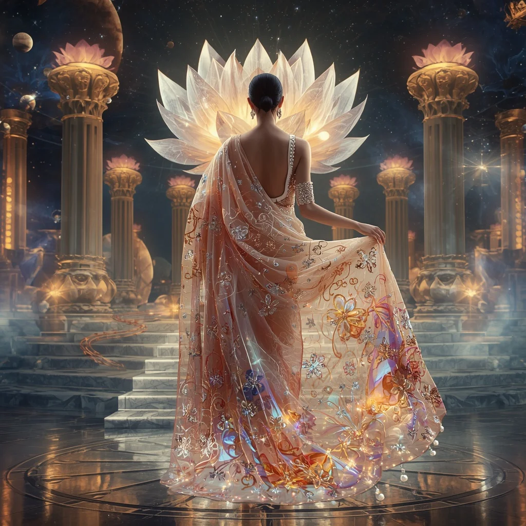 Crystal Lotus Observatory Saree with Floating Celestial Bloom Citadel | Cute Girl Ai Prompt