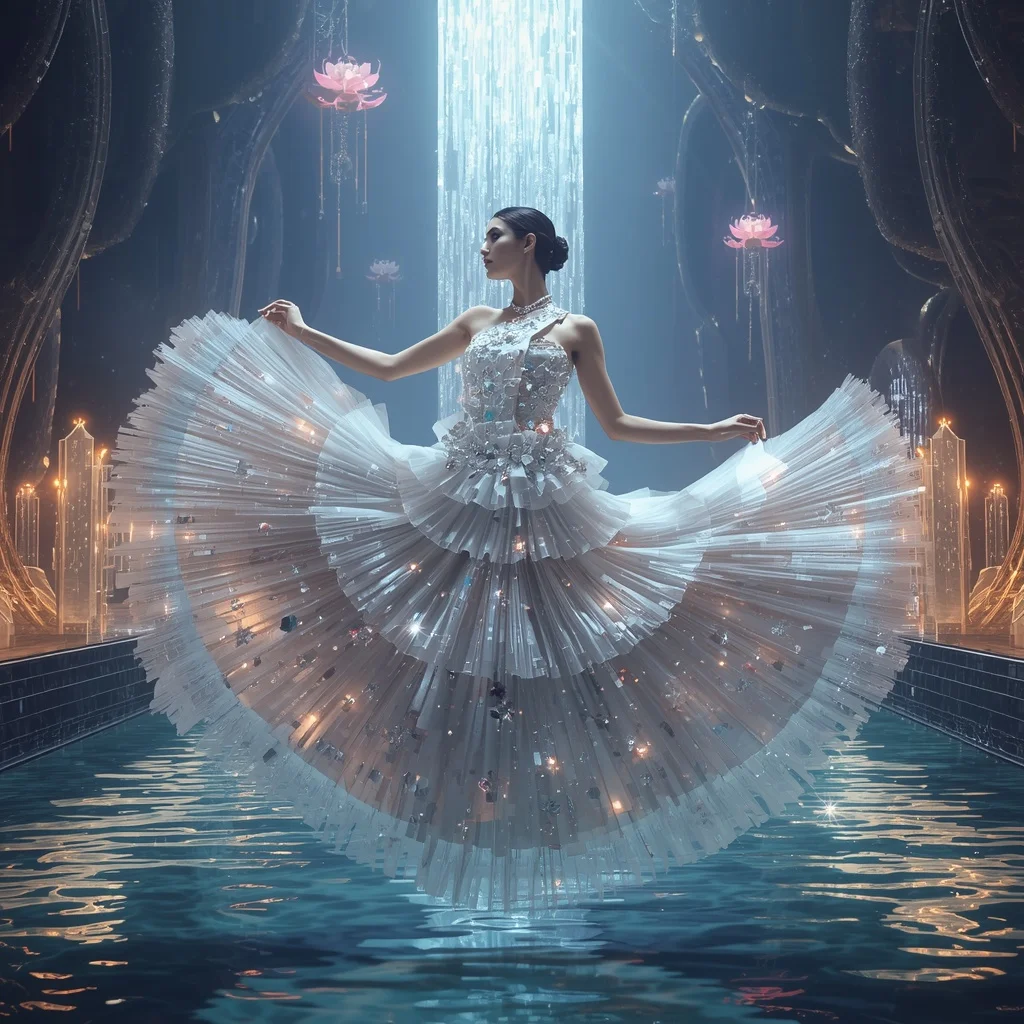 Crystal Lotus Waterfall Saree with Floating Sacred River Universe | Makeup Ai Prompt