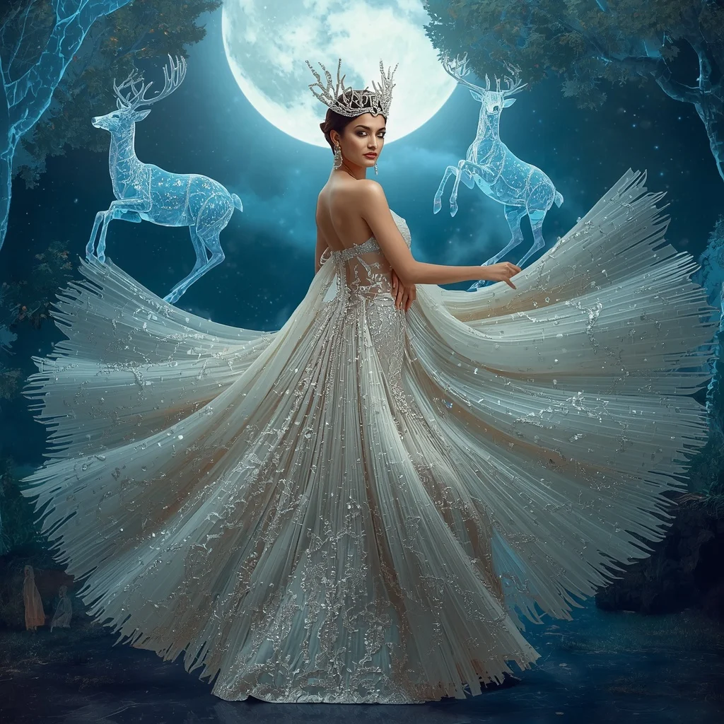 Crystal Lunar Deer Saree with Moon Forest Royal Kingdom | Girl Photo Prompt Gemini
