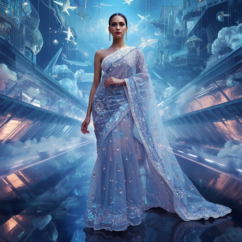 Crystal Luxury Airport Saree with Floating Sky Terminal Empire | Romantic Ai Prompt