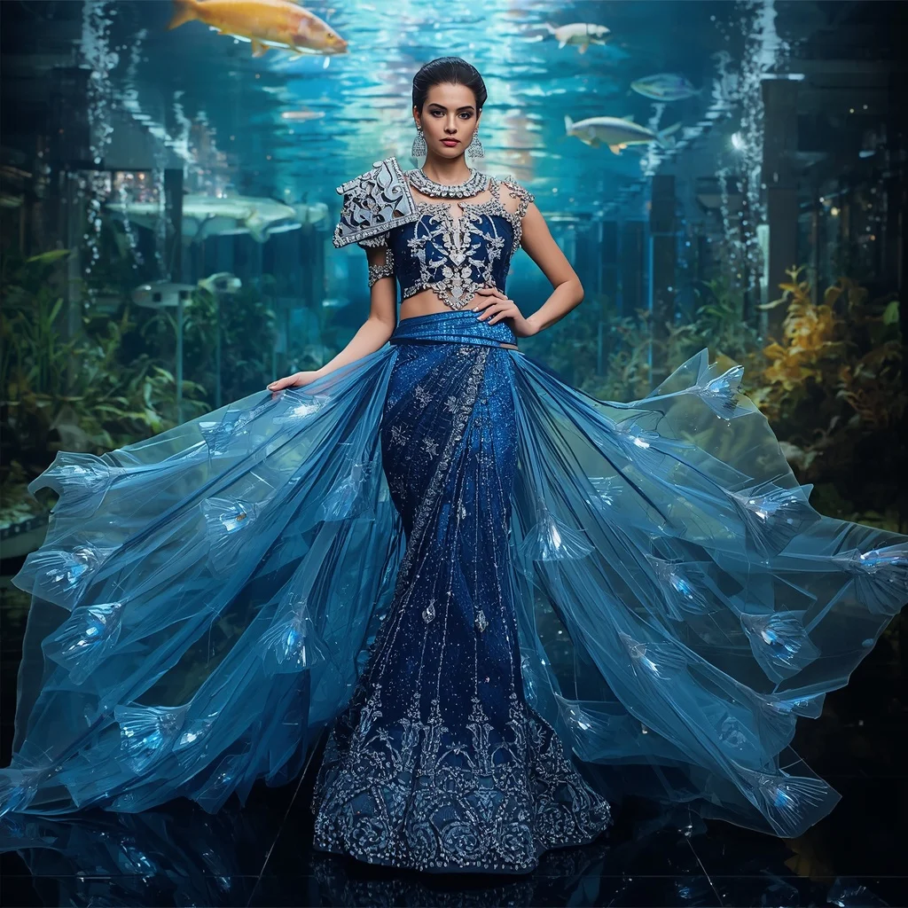 Crystal Luxury Aquarium Market Saree with Floating Glass Fish Streets | Chat Gpt Prompt For Image Editing