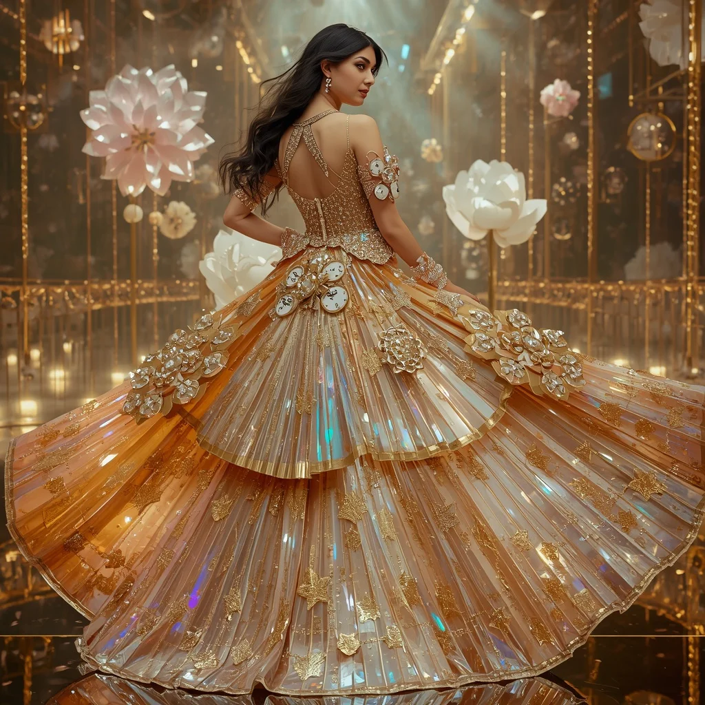 Crystal Luxury Clock Garden Saree with Blooming Time Flowers | Traditional Saree Prompt For Girl Images