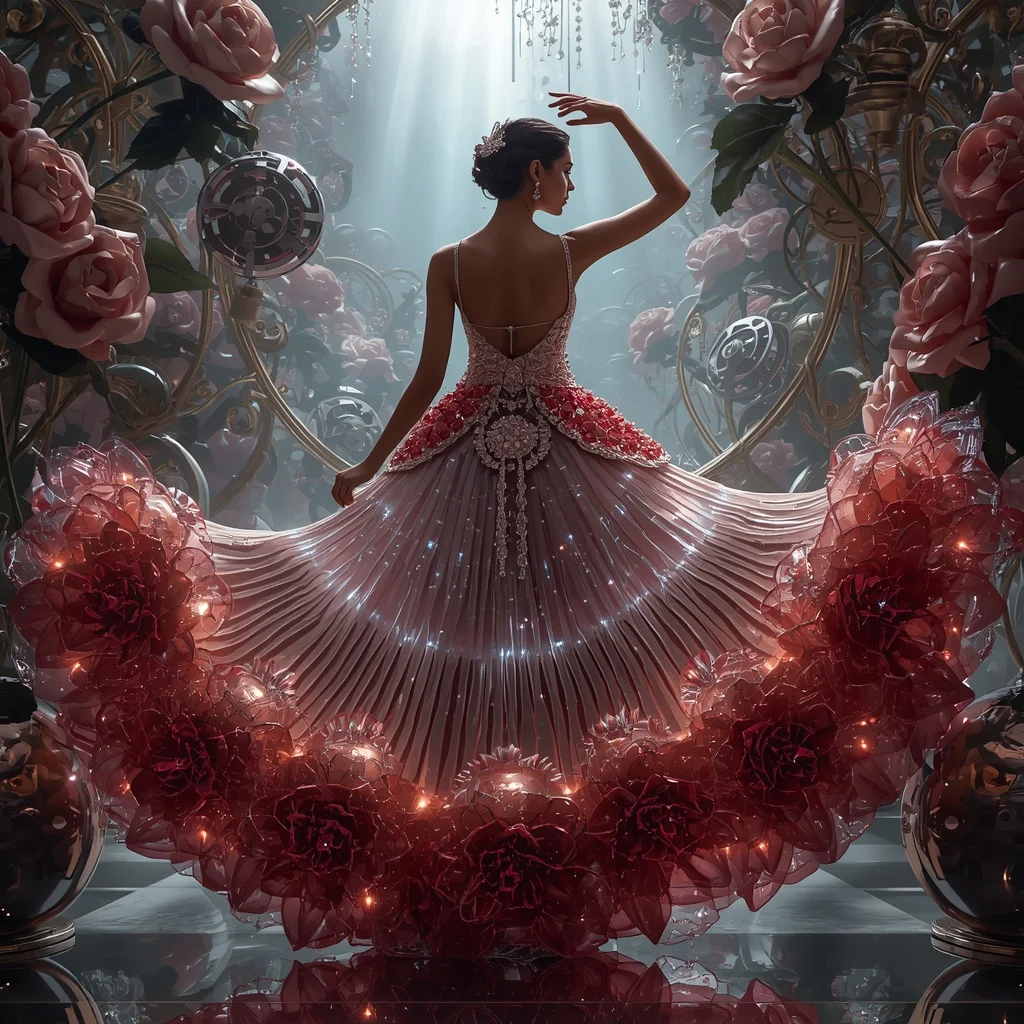 Crystal Mechanical Rose Saree with Floating Clockwork Garden Realm | Image To Prompt