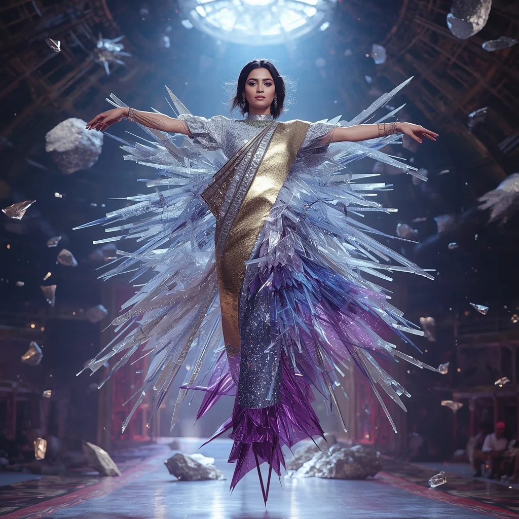 Crystal Meteor Alloy Saree with Cosmic Fragment Arena Dome | Flux Ai Prompt