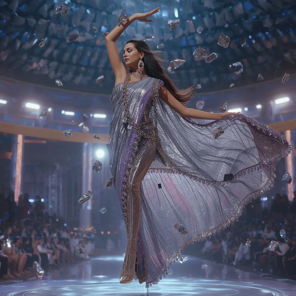 Crystal Meteor Alloy Saree with Cosmic Fragment Arena Dome | Gemini Ai Prompt