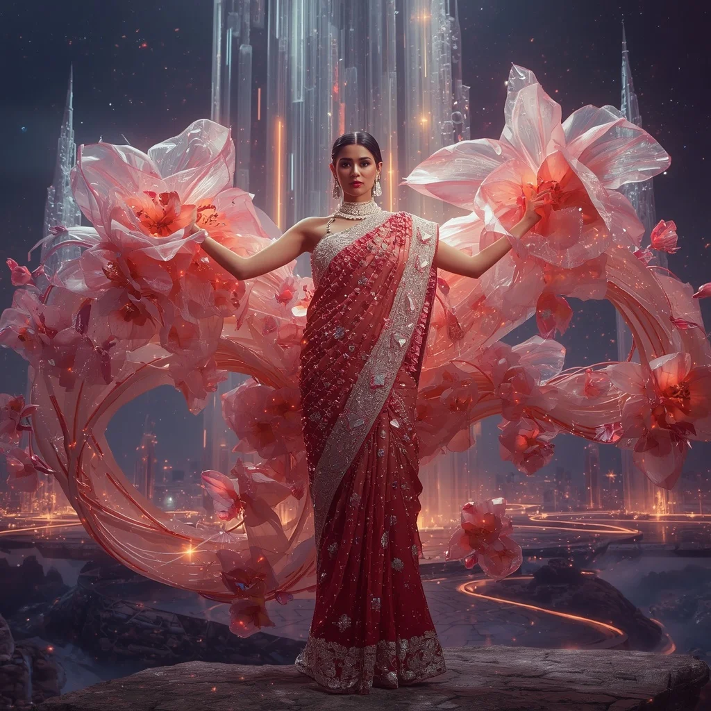 Crystal Meteor Bloom Saree with Floating Cosmic Flower Citadel | Viral Instagram Ai Prompt