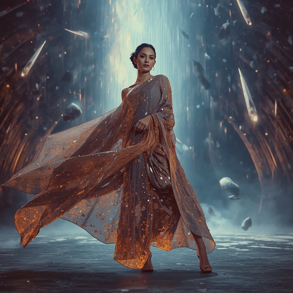 Crystal Meteor Silk Saree with Falling Sky Arena | Beautiful Woman Ai Prompt