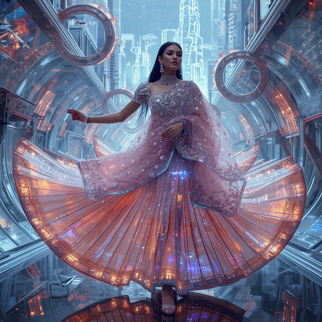 Crystal Metro Tunnel Saree with Neon Transit Infinity Megacity | Female Model Ai Prompt