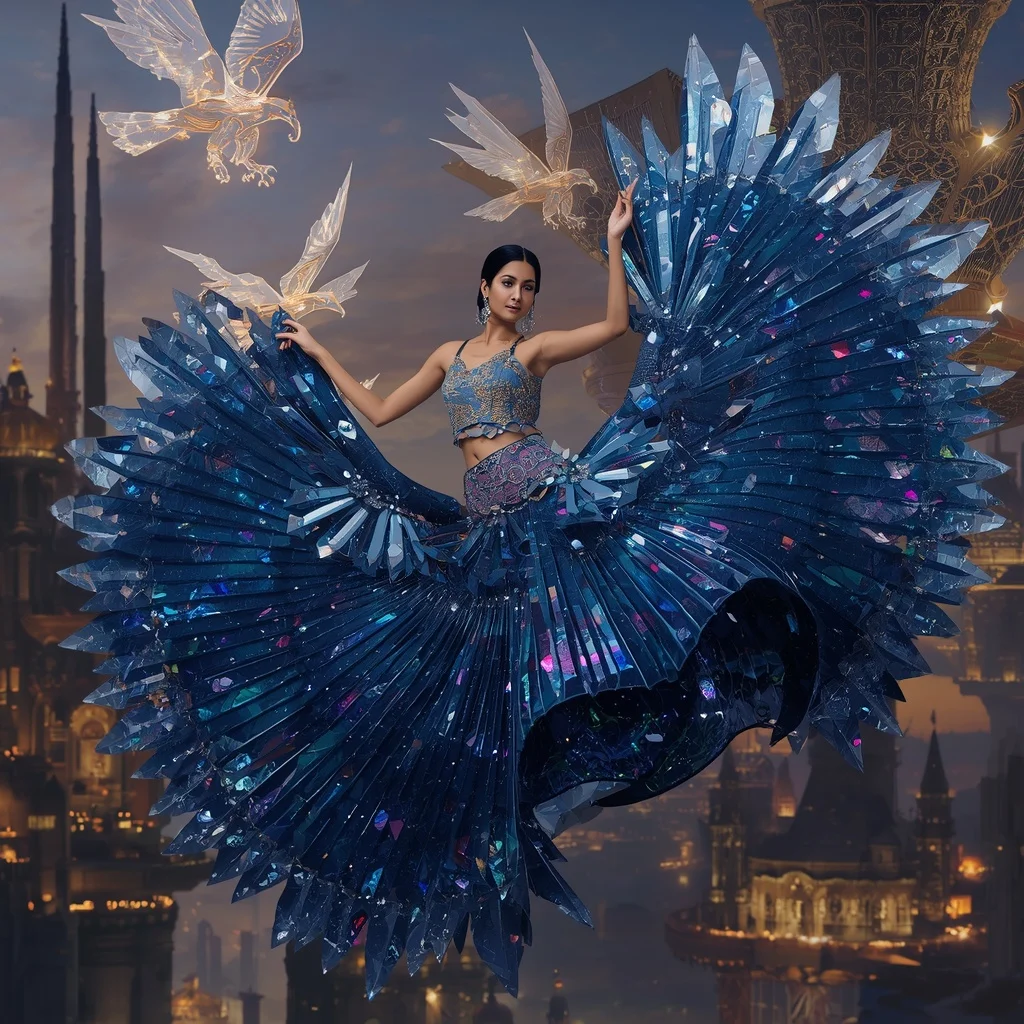 Crystal Mirage Falcon Saree with Floating Horizon Palace Megakingdom | Gemini Ai Prompt Copy Paste