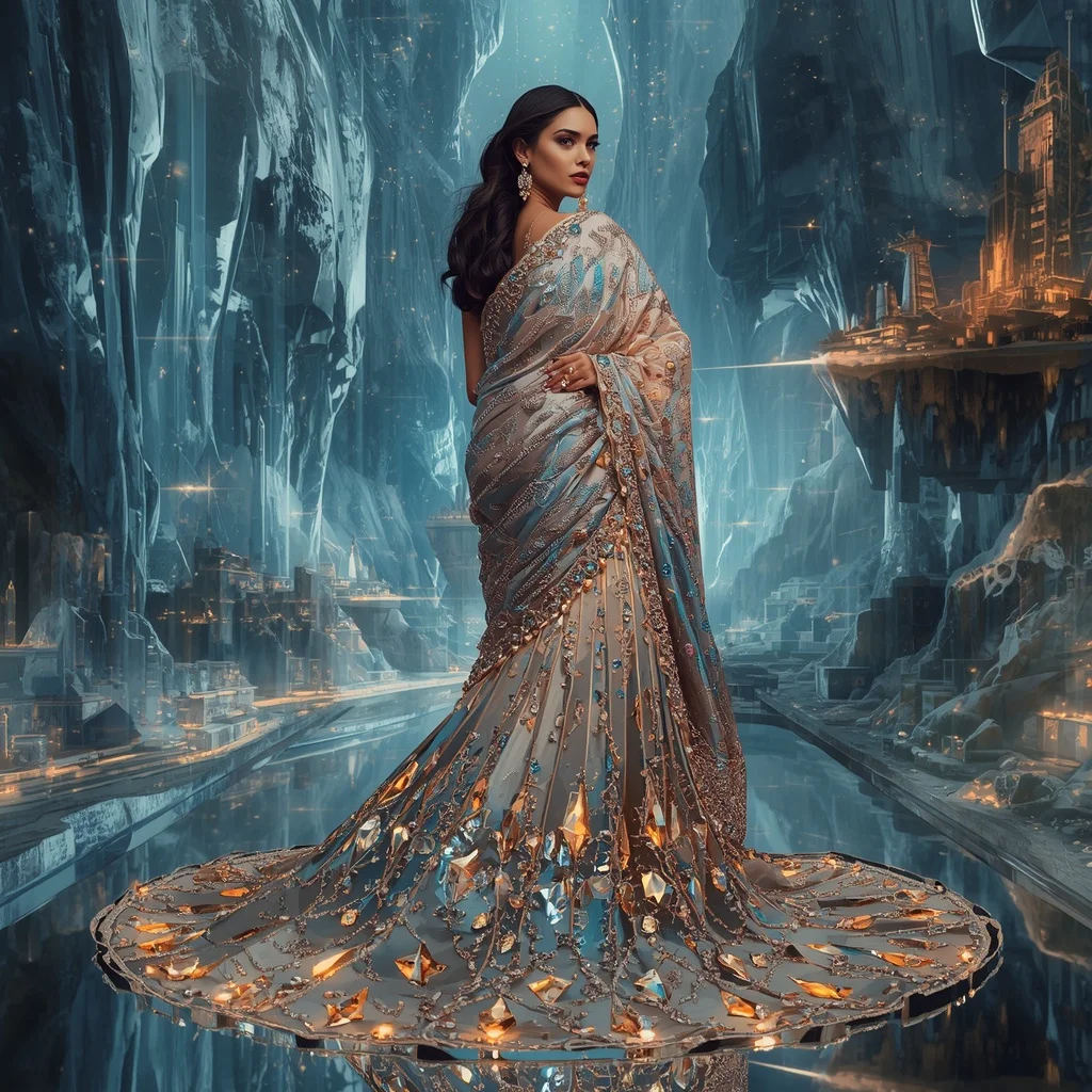 Crystal Mirror Canyon Saree with Floating Reflection Valley Kingdom | Motivation Ai Prompt