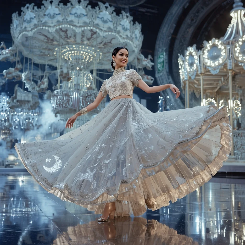 Crystal Moon Carousel Saree with Floating Celestial Carnival Realm | Trending Ai Prompt