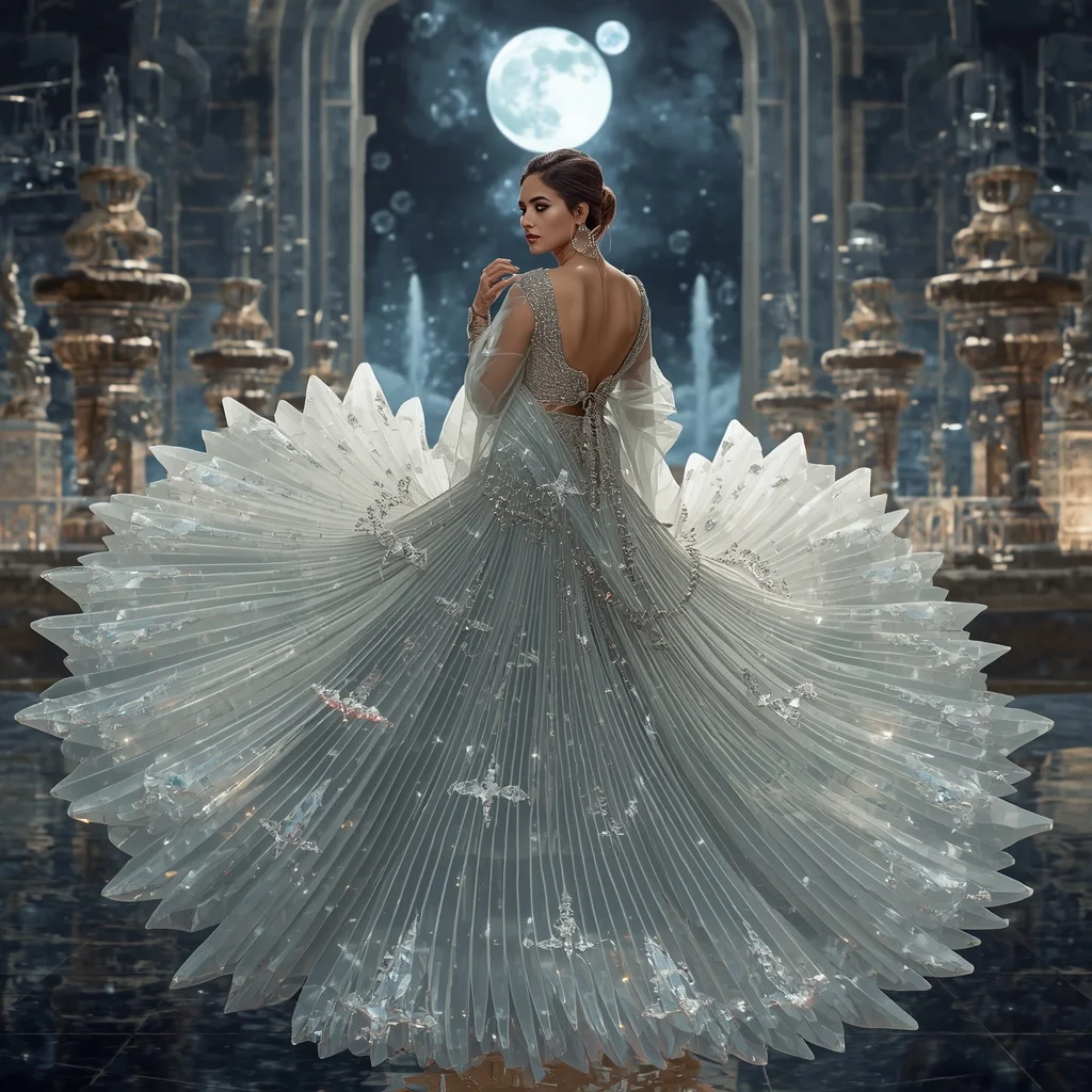 Crystal Moon Fountain Saree with Celestial Water Palace Universe | Female Model Ai Prompt