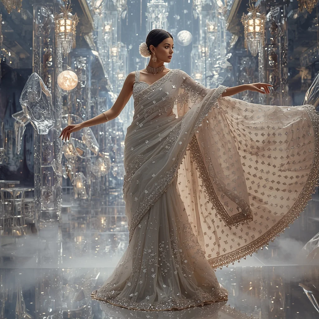 Crystal Moon Market Saree with Floating Lunar Bazaar Realm | Gemini Ai Photo Prompt Trending 2026