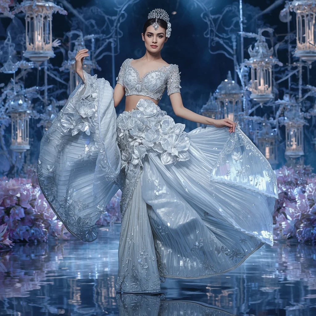 Crystal Moonlight Garden Saree with Floating Silver Blossom Palace | Prompt Seen Girls AI Photo Editing