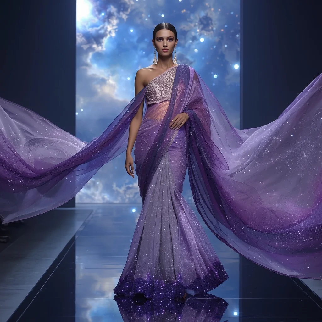 Crystal Nebula Veil Saree with Floating Galaxy Drapes | Modern Design Ai Prompt