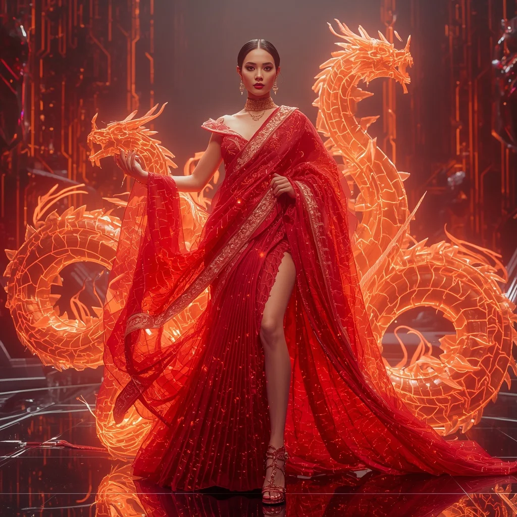 Crystal Neon Dragon Circuit Saree with Cyber Flame Metaverse Kingdom | New Instagram Trend Prompt For Girl And Boy Copy And Paste