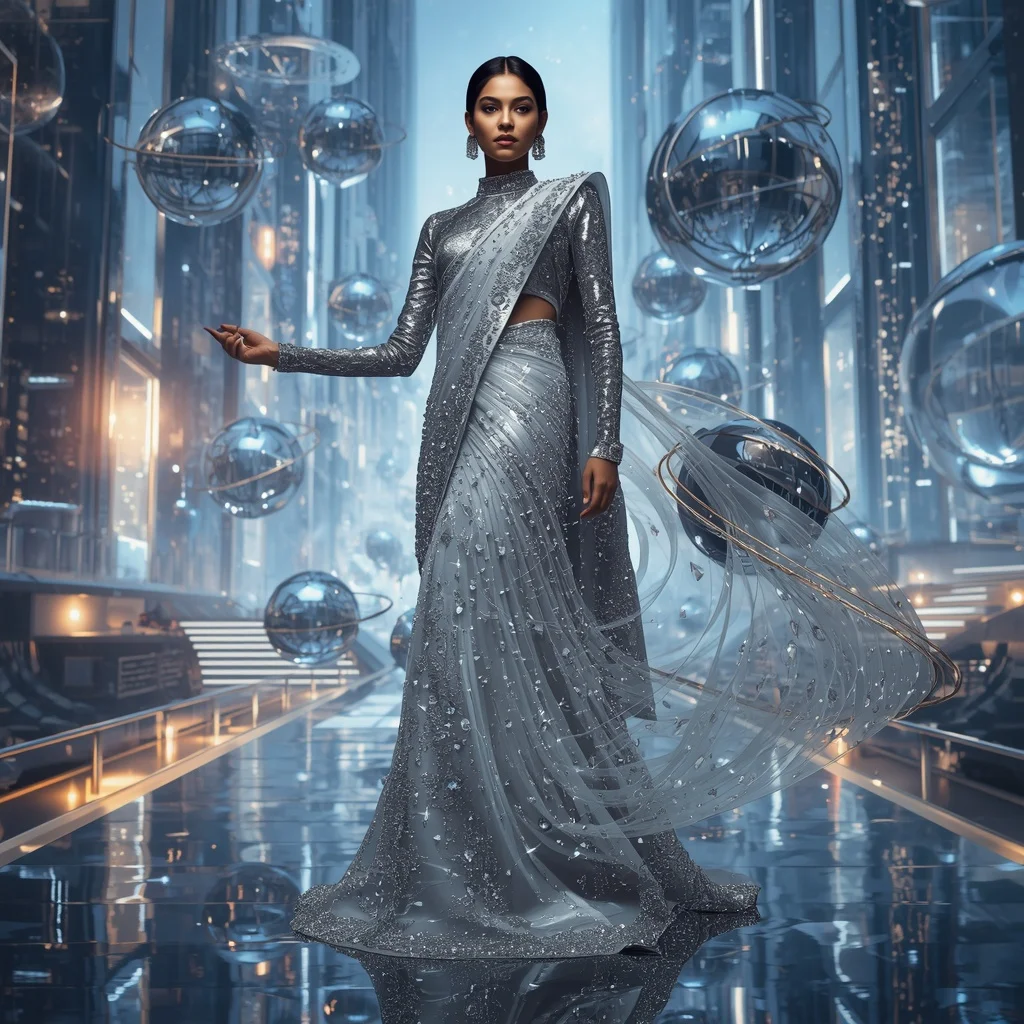 Crystal Orbital Ring Saree with Floating Sphere Architecture City | Attitude Girl Prompt