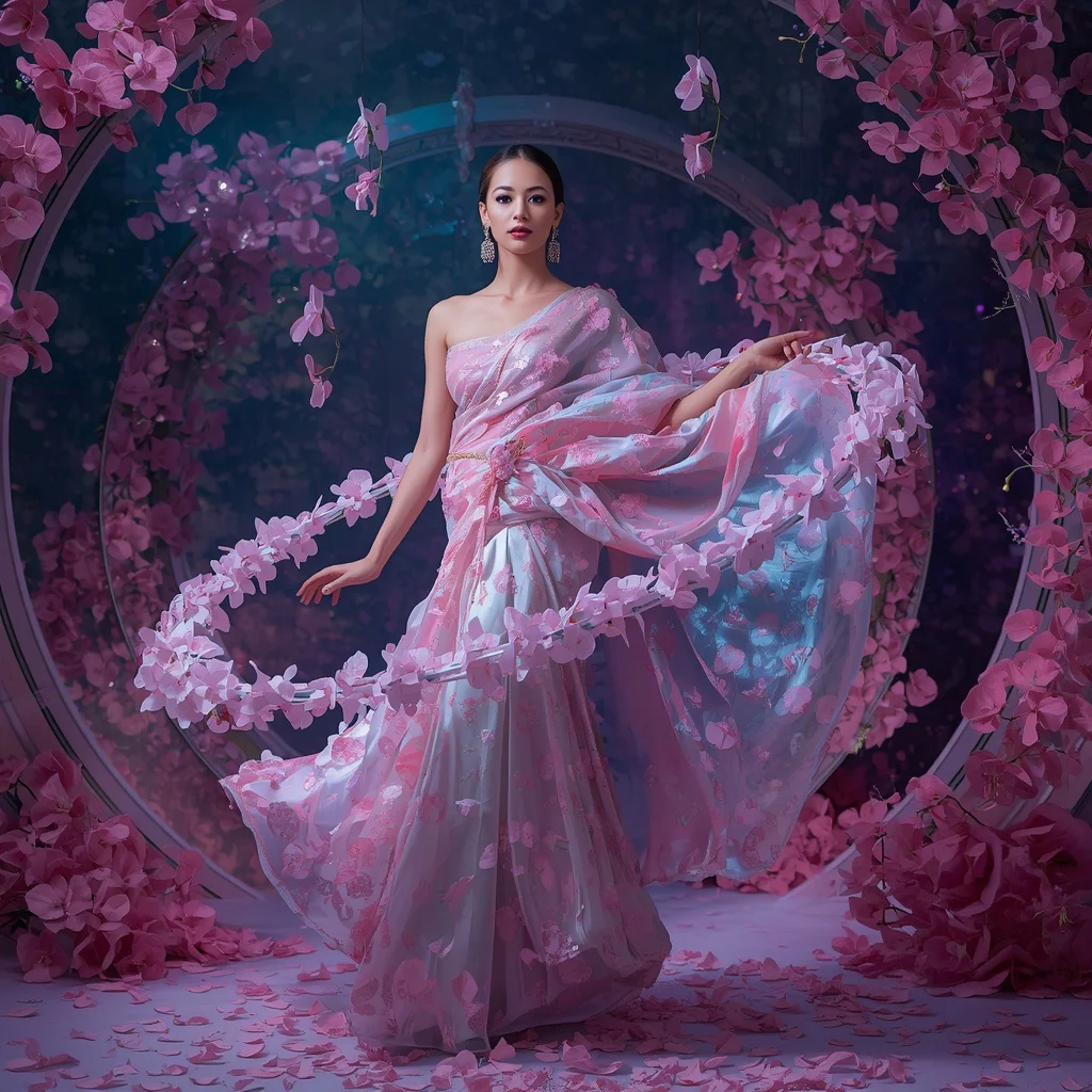 Crystal Orchid Gravity Saree with Floating Bloom Orbit | Prompt For Gemini AI Girl Trending
