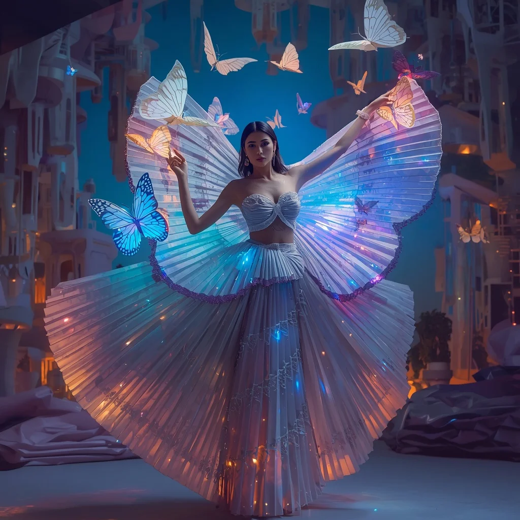 Crystal Origami Butterfly Saree with Floating Paper Galaxy Empire | Desi Girl Ai Prompt