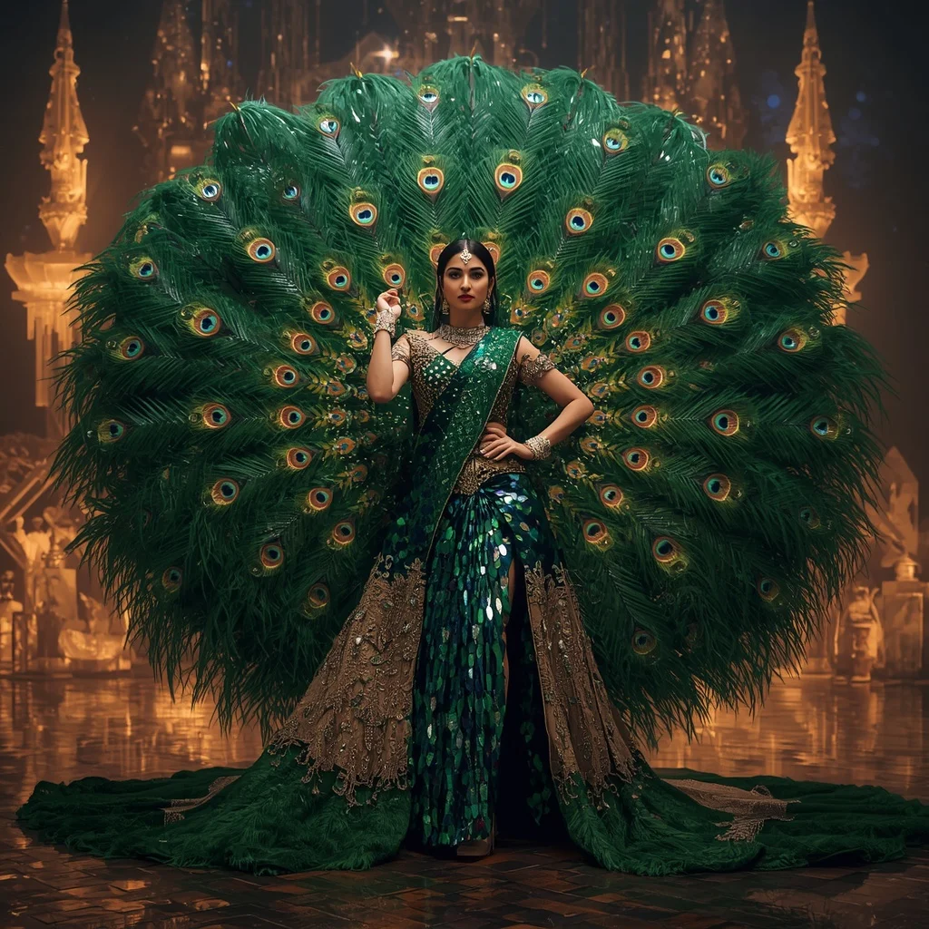 Crystal Peacock Armor Saree with Royal Feather Megafortress | Prompt For Gemini